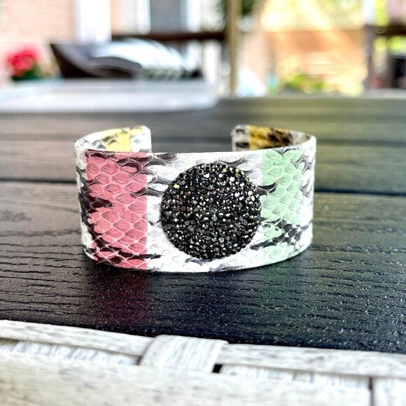 Wide Leather Cuff Bracelet with a Round Rhinestone Accent - Picture 3 of 7